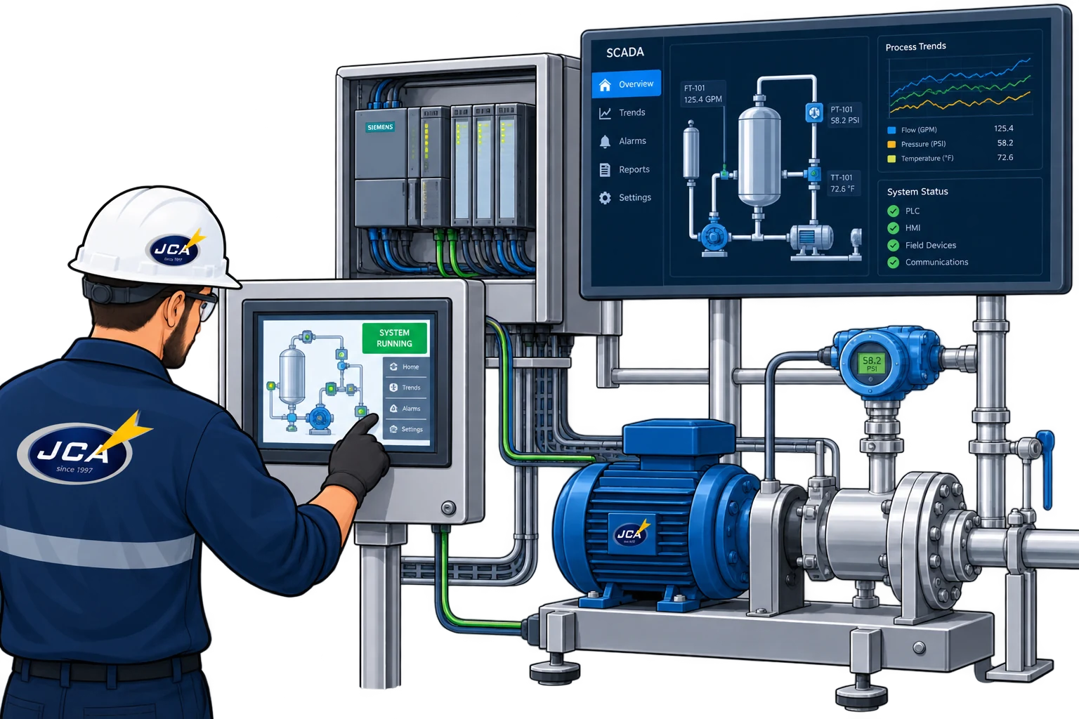 Industrial automation and control systems with PLC, HMI, and connected manufacturing equipment