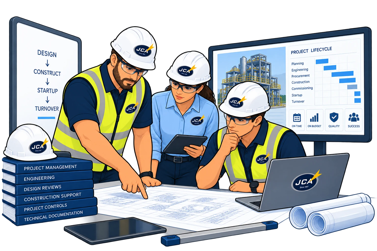 JCA engineering professionals collaborating on industrial project planning and execution